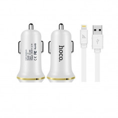 Incarcator Auto 2.1A + Cablu APPLE Lightning - 2x USB (Alb) HOCO foto