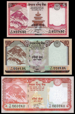 NEPAL █ SET █ 5 + 10 + 20 Rupees █ 2012 █ P-69-70-71 █ UNC █ necirculata foto