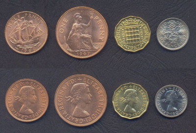 MAREA BRITANIE █ SET MONEDE █ 1/2 + 1 Penny + 3 + 6 Pence █ 1966-1967 █ UNC foto
