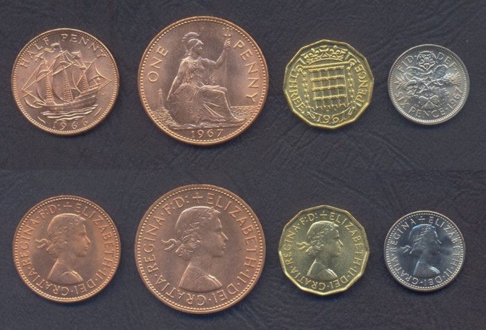 MAREA BRITANIE █ SET MONEDE █ 1/2 + 1 Penny + 3 + 6 Pence █ 1966-1967 █ UNC