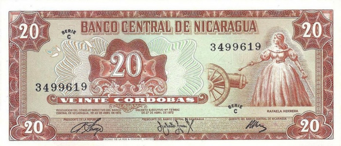 NICARAGUA █ bancnota █ 20 Cordobas █ 1972 █ P-124 █ SERIE C █ UNC █ necirculata