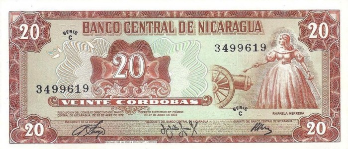 NICARAGUA █ bancnota █ 20 Cordobas █ 1972 █ P-124 █ SERIE C █ UNC █ necirculata