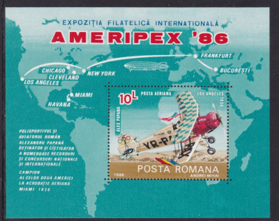 ROMANIA 1986 LP 1159 EXPOZITIA FILATELICA AMERIPEX 86 COLITA DANTELATA MNH foto