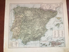 Veche harta inceput de secol XX Spanien und Portugal / Spania si Portugalia ! foto