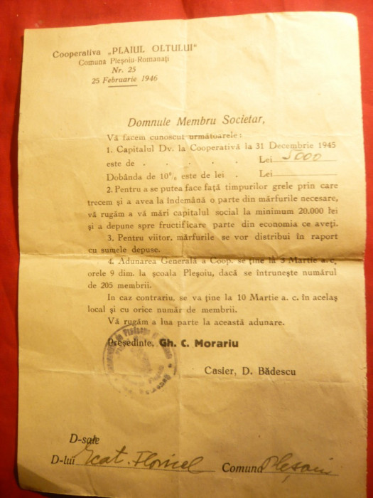 Adresa cu Antet Cooperativa Plaiul Oltului comuna Plesoiu-Romanati 1946