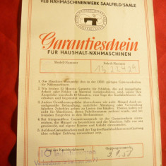 Certificat de Garantie pt. Masina Cusut DDR 1958