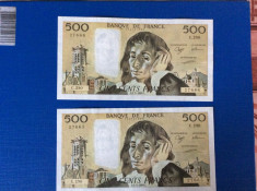 2 bancnote 500 franci franta 1989 consecutive au-unc foto