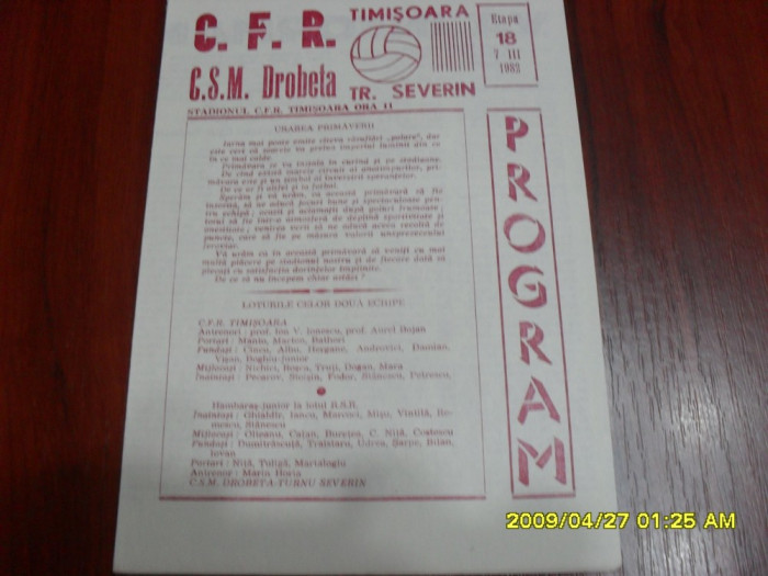 program CFR Timisoara - CSM Dr. Tr. Severin