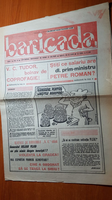 ziarul baricada 20 noiembrie 1990-corneli vadim tudor bolnav de coprofagie