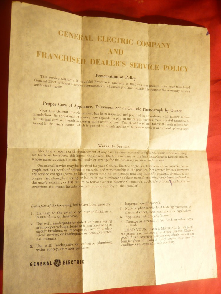 Certificat de Garantie General Electric pt. TV sau Consola Fonograf 1962 |  Okazii.ro