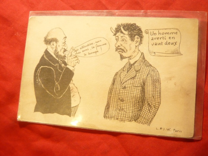 Ilustrata comica -Sotul incornorat- Un om avertizat face cat 2 ,semnatL&amp;J -Paris