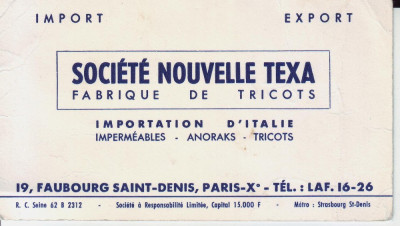 Carte de vizita Societe Nouvelle Texa foto