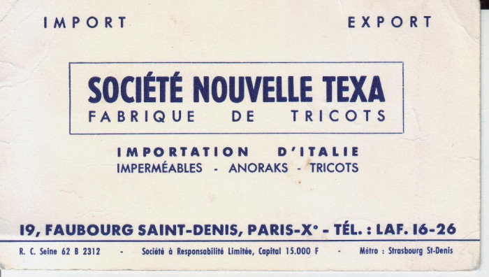 Carte de vizita Societe Nouvelle Texa