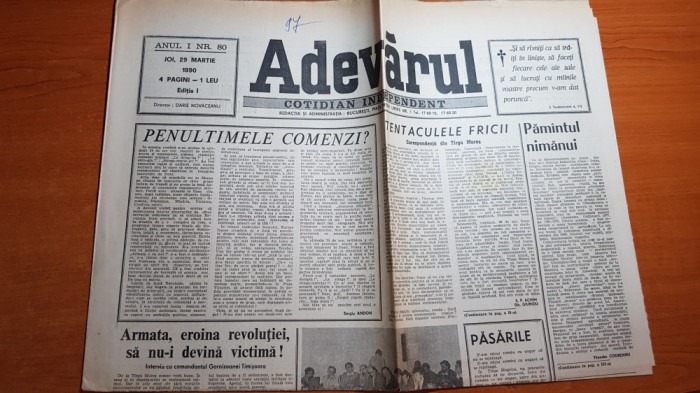 ziarul adevarul 29 martie 1990-armata,eroina revolutiei,sa nu-i devina victima !