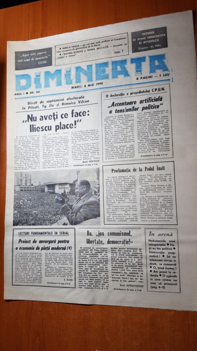 ziarul dimineata 8 mai 1990-vizita lui iliescu in pitesti ,targu jiu ,rm. valcea