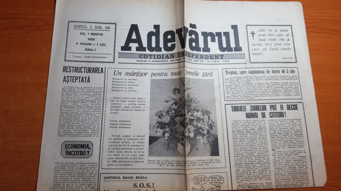 ziarul adevarul 1 martie 1990- un martisor pt toate femeile tarii
