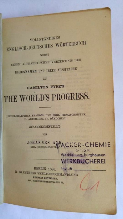 Dictionar englez german, stampilat Entwertet, vechi, Berlin 1896