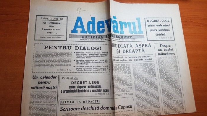 ziarul adevarul 1 februarie 1990-scrisoare deschisa domnului corneliu coposu
