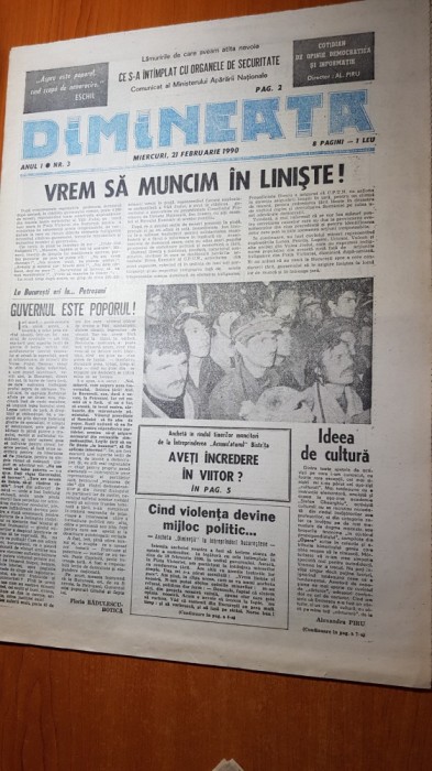 ziarul dimineata 21 februarie 1990-art. vrem sa muncim in liniste !