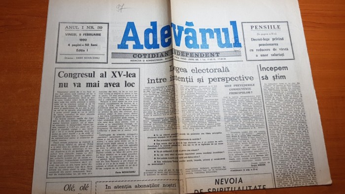 ziarul adevarul 9 februarie 1990-art. &quot;congresul al 15-lea nu va mai avea loc &quot;