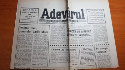 ziarul adevarul 23 februarie 1990-articolul - vecinul meu generalul vasile milea foto