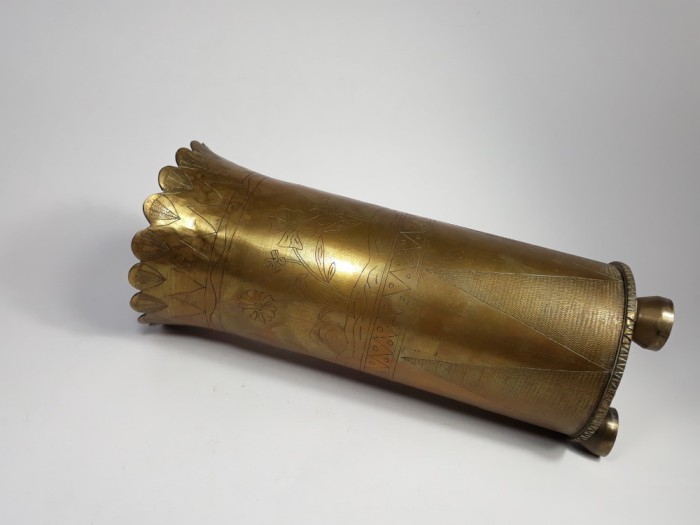 k Vaza din tub de obuz gravat 1916 ww1, marcat, marcaj rar de marina trench art