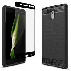 Husa Nokia 3 Tpu Carbon + Glass Full Screen (Pachet Combo) - negru foto