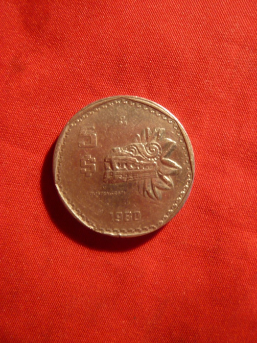 Moneda 5 Peso 1980 Mexic , metal alb , d= 2,5 cm