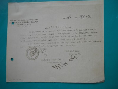 HOPCT DOCUMENT VECHI NR 233 ADEVERINTA INSTITUTUL POLITEHNIC GALATI 1961 foto