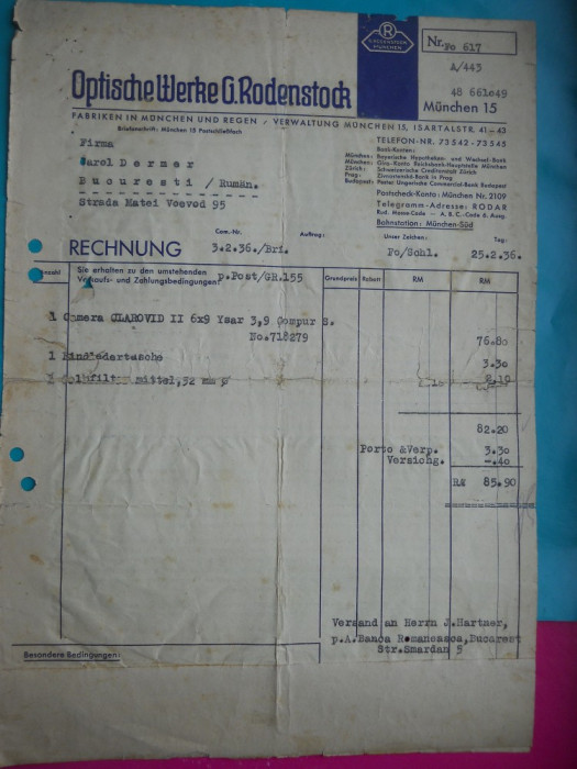 HOPCT DOCUMENT VECHI NR 254 GERMANIA 1936 COMPANIA OPTICA WERKE G RODENSTOCK