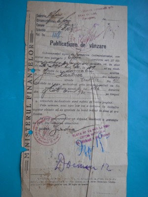 HOPCT DOCUMENT VECHI 258 MIN FINANTELOR-PUBLICATIUNE DE VANZARE BUCURESTI 1930 foto