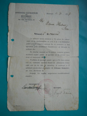 HOPCT DOCUMENT VECHI 262 ASOCIATIA CATOLICILOR DIN BUCURESTI 1937 foto