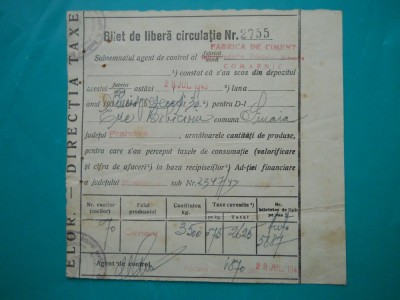 HOPCT DOCUMENT VECHI NR 235 BILET LIBERA CIRCULATIE FAB CIMENT COMARNIC-PH 1943 foto