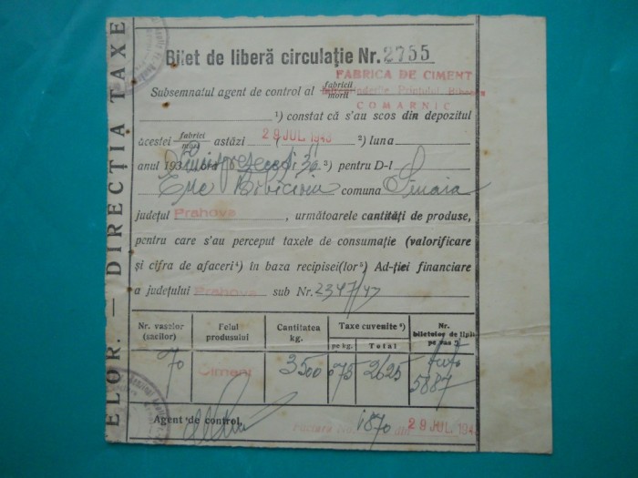 HOPCT DOCUMENT VECHI NR 235 BILET LIBERA CIRCULATIE FAB CIMENT COMARNIC-PH 1943