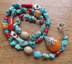 Colier inspiratie tibetana - turcoaz, coral, lapis, margele hand made nepal foto