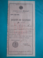 HOPCT DOCUMENT VECHI NR 223 BULETIN DE CASATORIE PRIMARIA BUCURESTI 1915 foto