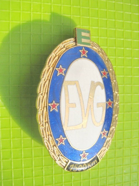 8103-I-Insigna Caile Ferate E EVG 1500 km bronz aurit cu email stare buna.