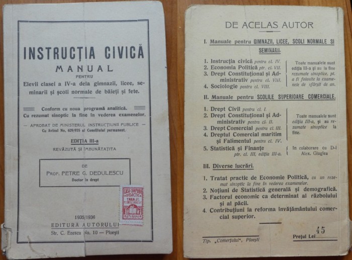 Dedulescu , Instructia civica ; Manual clasa a IV -a gimnazii , Ploiesti , 1936