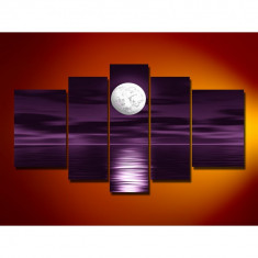Set Tablouri Multicanvas 5 Piese Peisaj Luna noaptea in largul marii, pentru decor, panza canvas, rama lemn MDF, mov foto