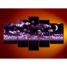Set Tablouri Multicanvas 5 Piese Peisaj Semiluna si stele noaptea in largul marii pentru decor, panza canvas, rama lemn MDF, mov foto