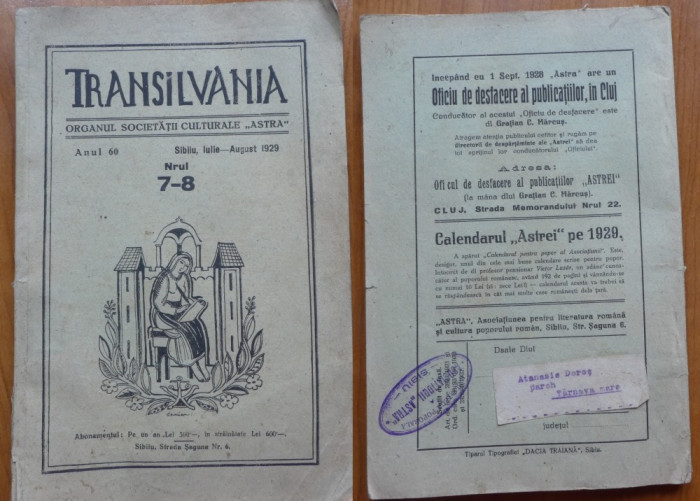 Transilvania , Organul Societatii Culturale Astra , Sibiu , Iulie - August ,1929