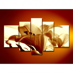 Tablou canvas decorativ cu flori de crin sepia, rama MDF cu design modern, pentru living/dormitor/hol/birou, set 5 piese, BM1091 foto