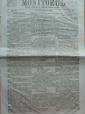 Monitorul , Jurnal oficial al Principatelor Unite , nr. 271 , 1862 , Bucuresti foto