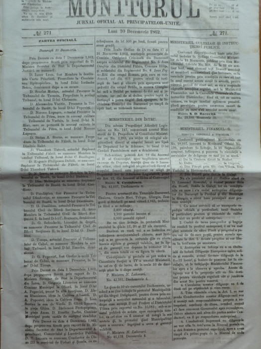 Monitorul , Jurnal oficial al Principatelor Unite , nr. 271 , 1862 , Bucuresti