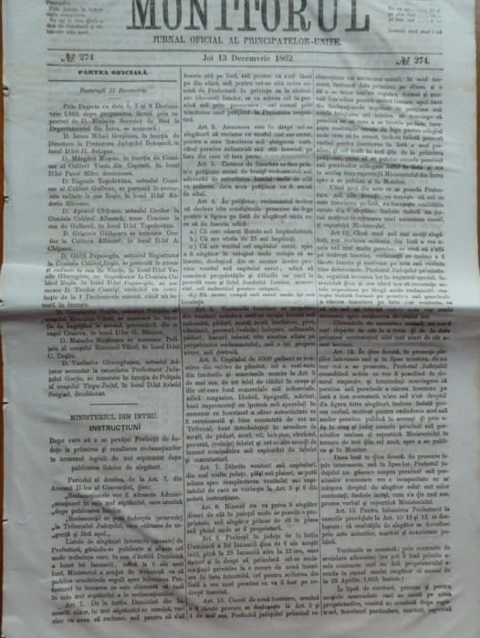 Monitorul , Jurnal oficial al Principatelor Unite , nr. 274 , 1862 , Bucuresti