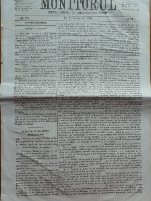 Monitorul , Jurnal oficial al Principatelor Unite , nr. 274 , 1862 , Bucuresti