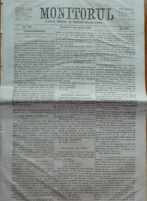 Monitorul , Jurnal oficial al Principatelor Unite , nr. 270 , 1862 , Bucuresti