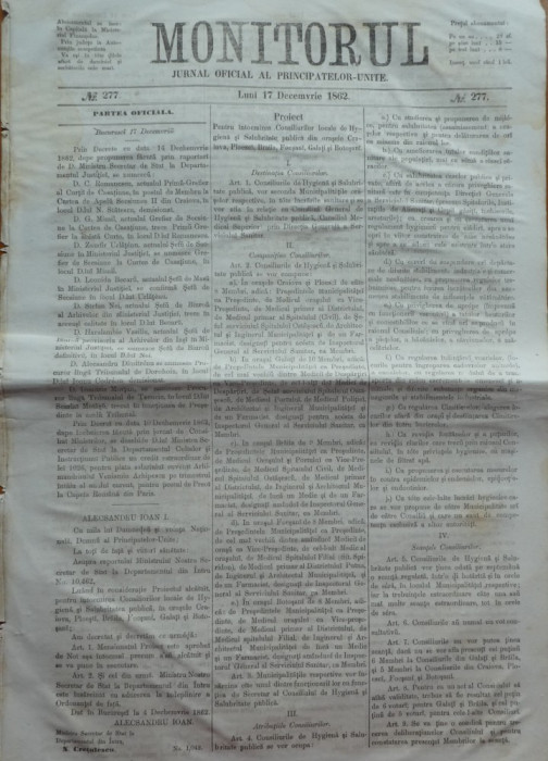 Monitorul , Jurnal oficial al Principatelor Unite , nr. 277 , 1862 , Bucuresti