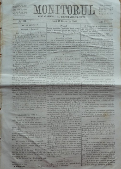 Monitorul , Jurnal oficial al Principatelor Unite , nr. 277 , 1862 , Bucuresti