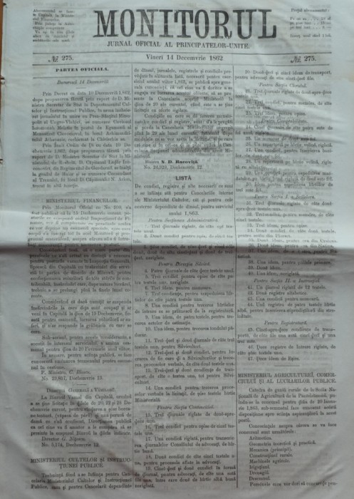 Monitorul , Jurnal oficial al Principatelor Unite , nr. 275 , 1862 , Bucuresti